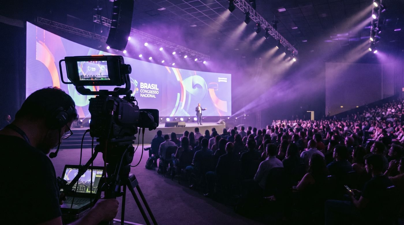 Operador com câmera Blackmagic Studio filmando um congresso